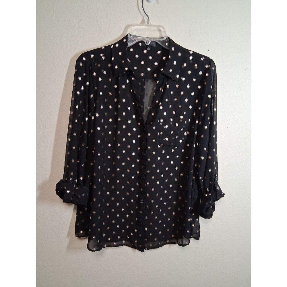 The Limited Sheer Blouse Business Casual Metallic Dots Boho Black Gold Sz Large